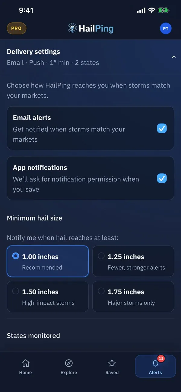 HailPing's alert settings