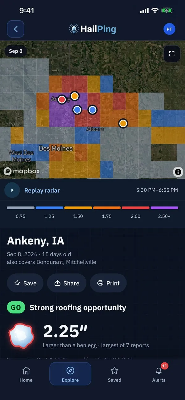 A HailPing storm report: Ankeny, Iowa, 2.25-inch hail, strong roofing opportunity