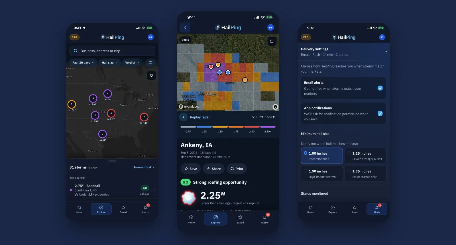 Three HailPing app screens: the storm map, a storm report, and alert settings