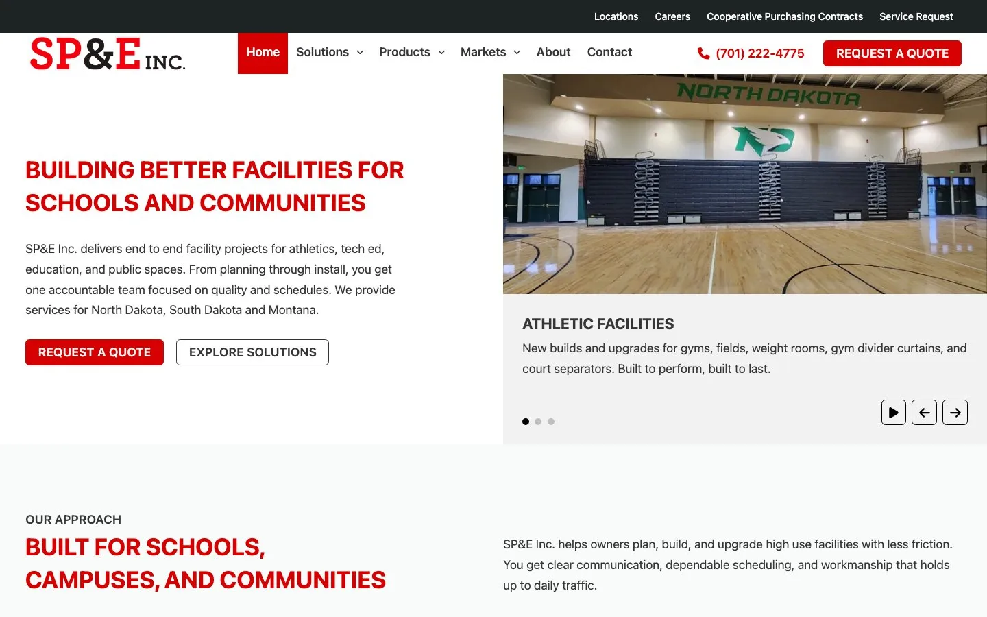 SP&E's new website: the SP&E Inc. header with a Request a Quote button, the headline Building Better Facilities for Schools and Communities, and a gym photo.