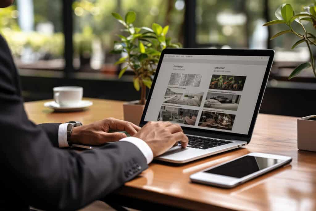 Businessman viewing his well-managed website hosted by Page Steady on his computer, symbolizing reliable digital marketing