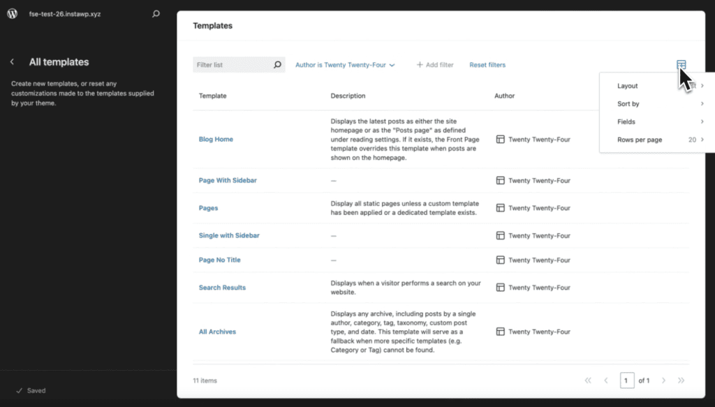 Screenshot of the new template layout page in WordPress 6.5, highlighting the intuitive interface and advanced design options.