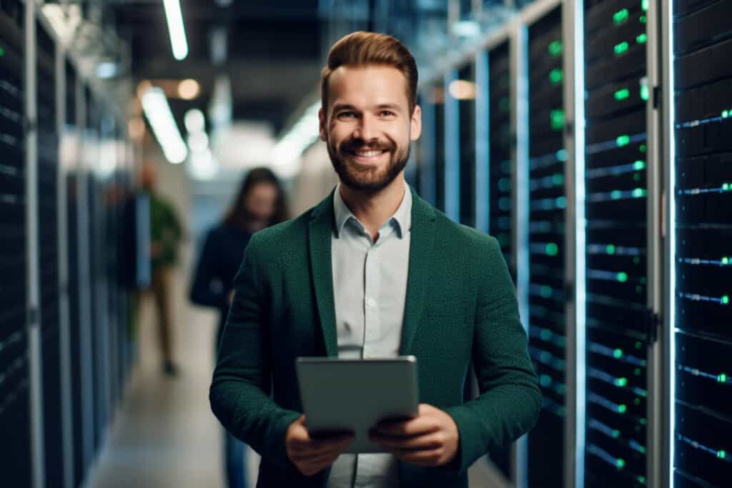 man standing in server room with tablet, he is happy to have switched to managed wordpress hosting