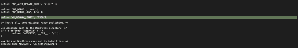 Snippet of PHP code in wp-config.php file with the line define('WP_MEMORY_LIMIT', '256M');, increasing WordPress memory limit to 256 megabytes.