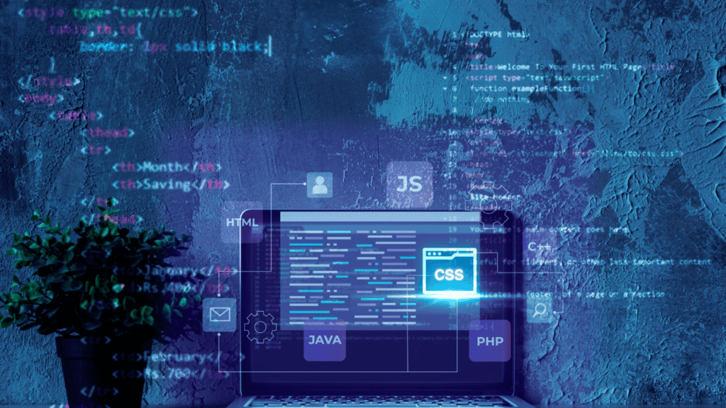 A laptop screen displaying holographic pop-ups of CSS code snippets. This visualizes the generation of css LiteSpeed is capable of. 