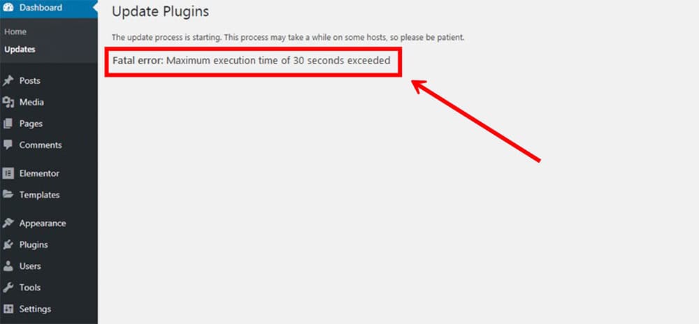 Error message stating 'Fatal error: Maximum execution time of 30 seconds exceeded', indicating a script took too long to run and was terminated by the server.