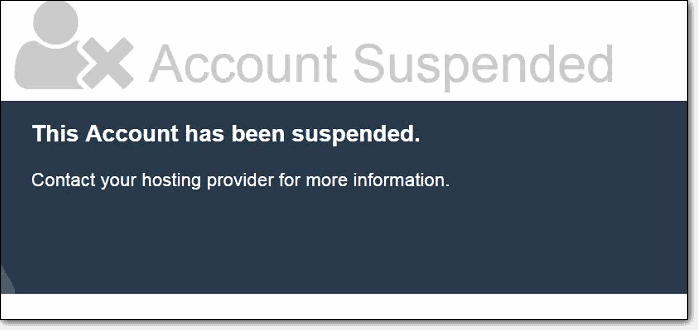 WordPress Down error message on a web page stating 'WordPress Account Suspended', indicating the hosting provider has temporarily disabled the site due to a policy violation or overdue payment.