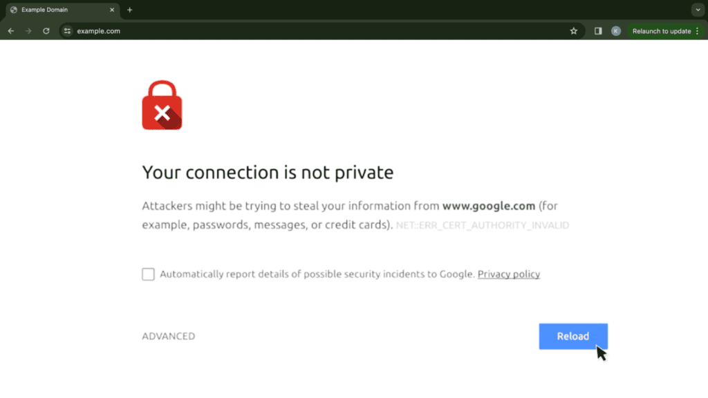 Browser error message stating 'Your connection is not private', indicating a problem with the website's security certificate and potential risk to data privacy.